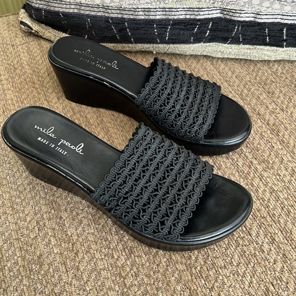 Mila Paoli Wedge Slides Black Italian Sandals - Picture 3 of 4